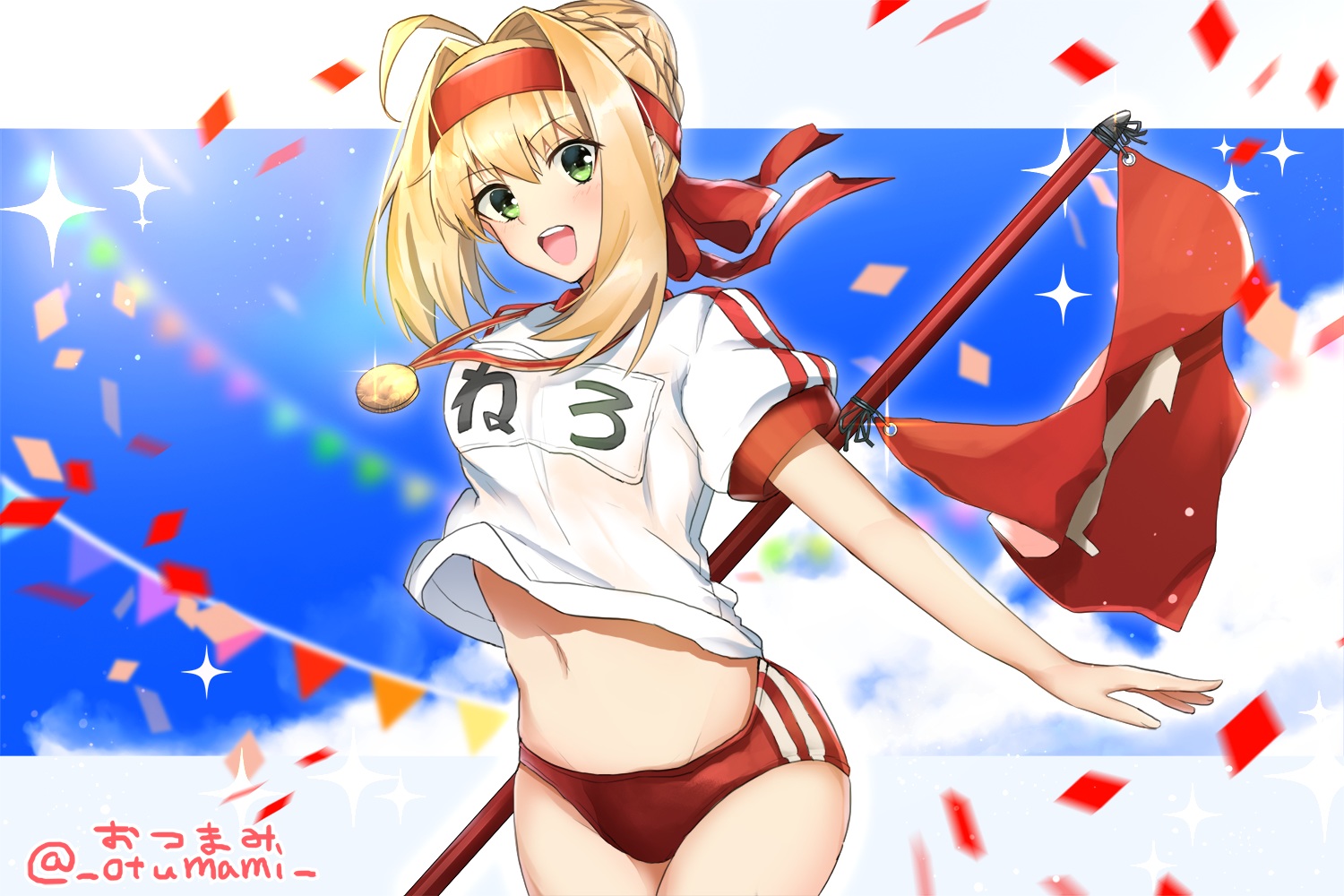 blonde_hair, bloomers, fate/grand_order, fate_(series), green_eyes, gym_uniform, headband, navel