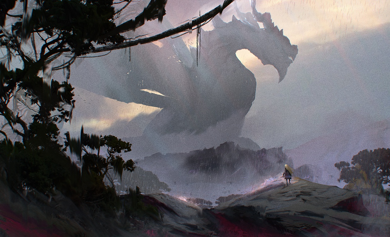blonde_hair, dragon, long_hair, original, otsumami_(bu-bu-heaven), scenic, tree