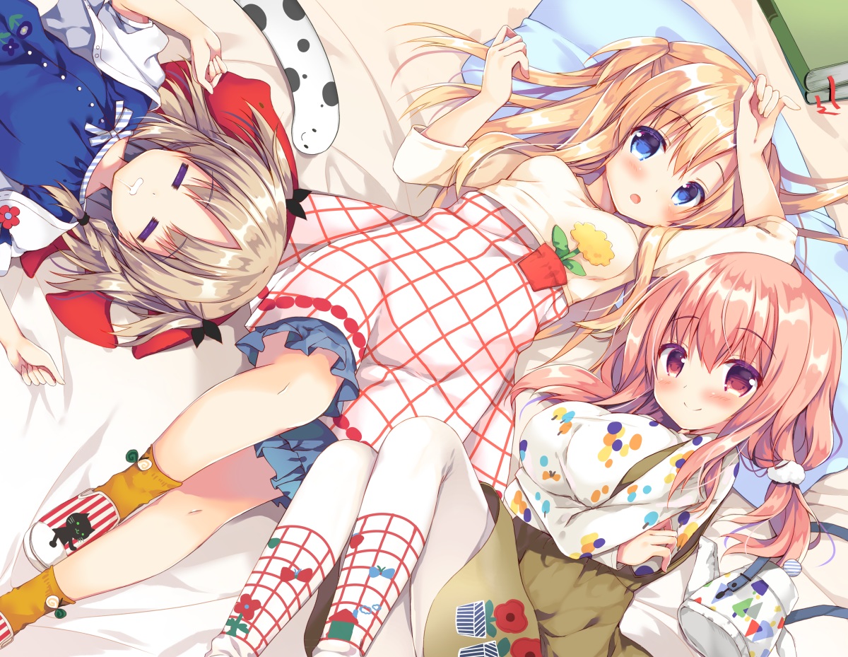 aqua_eyes, bed, blonde_hair, blush, book, breast_hold, breasts, brown_hair