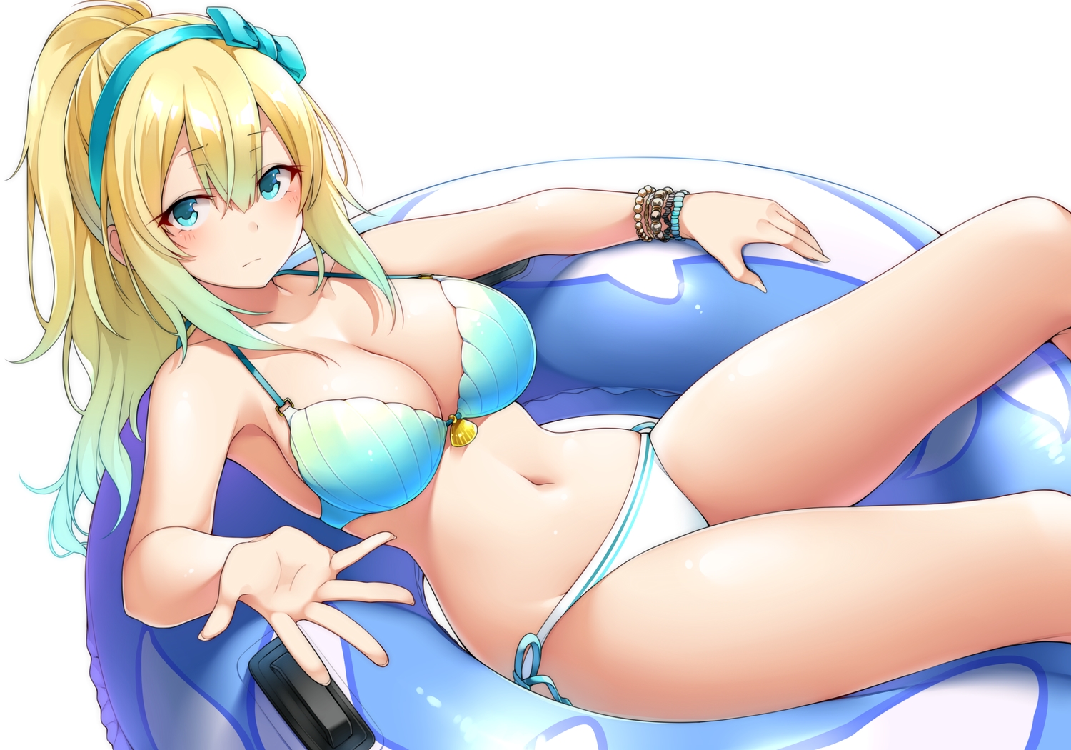 bikini, blonde_hair, breasts, cleavage, green_eyes, headband, long_hair, navel, original, ponytail, suruga_(xsurugax), swim_ring, swimsuit, wristwear