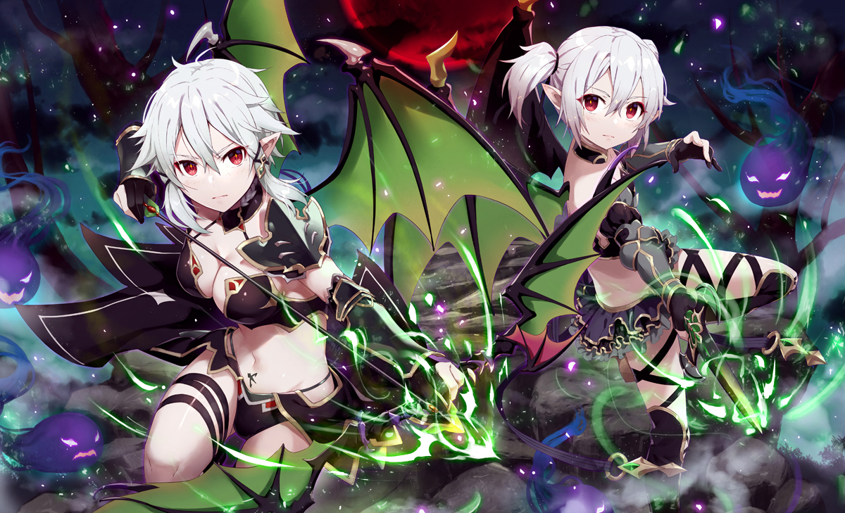 2girls, armor, ayano_keiko, bow_(weapon), breasts, cleavage, elbow_gloves, gabiran