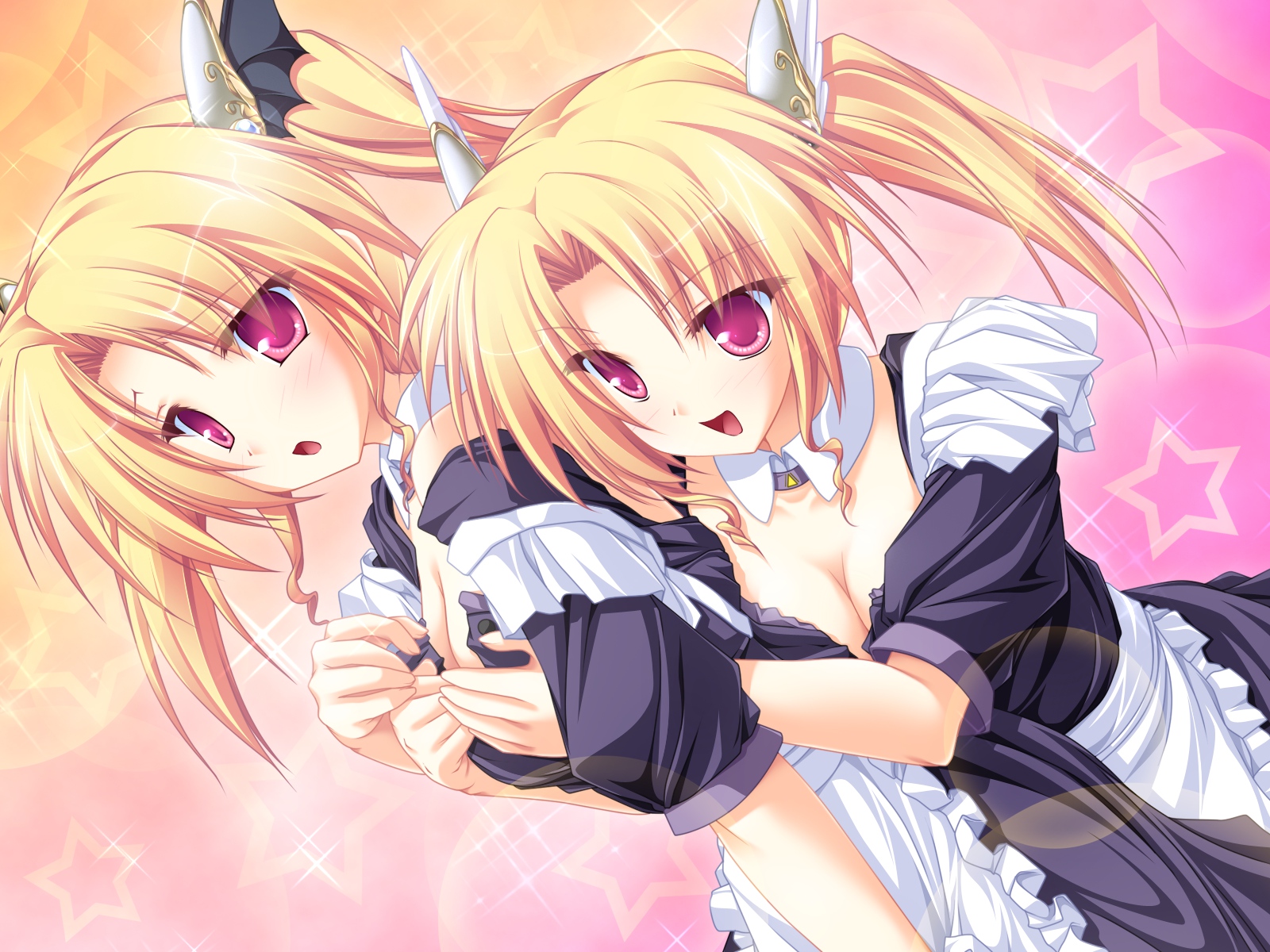 2girls, apron, blonde_hair, blush, breast_hold, breasts, cleavage, game_cg, magus_tale, maid, nina_geminis, ponytail, red_eyes, rena_geminis, tenmaso, twintails, whirlpool