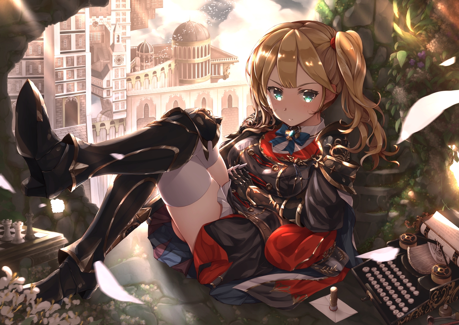 alicia_(schrdingerscat), armor, bow, brown_hair, building, chrisha_(king's_raid), dress, flowers, gloves, green_eyes, king's_raid, long_hair, thighhighs, twintails
