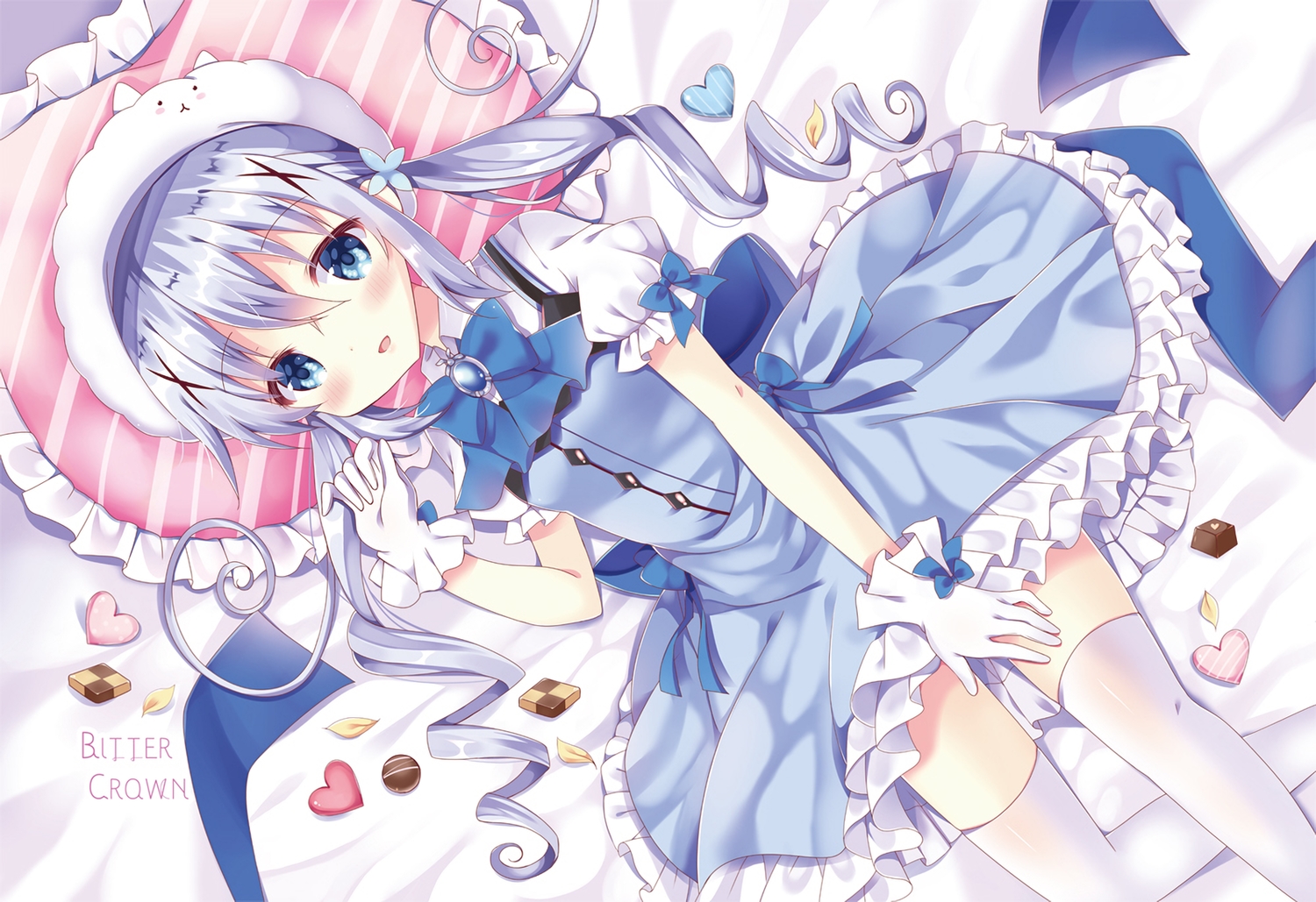 bitter_crown, blue_eyes, blush, candy, chocolate, dress, gloves, gochuumon_wa_usagi_desu_ka?, kafuu_chino, long_hair, thighhighs, twintails, waifu2x, watermark, zettai_ryouiki