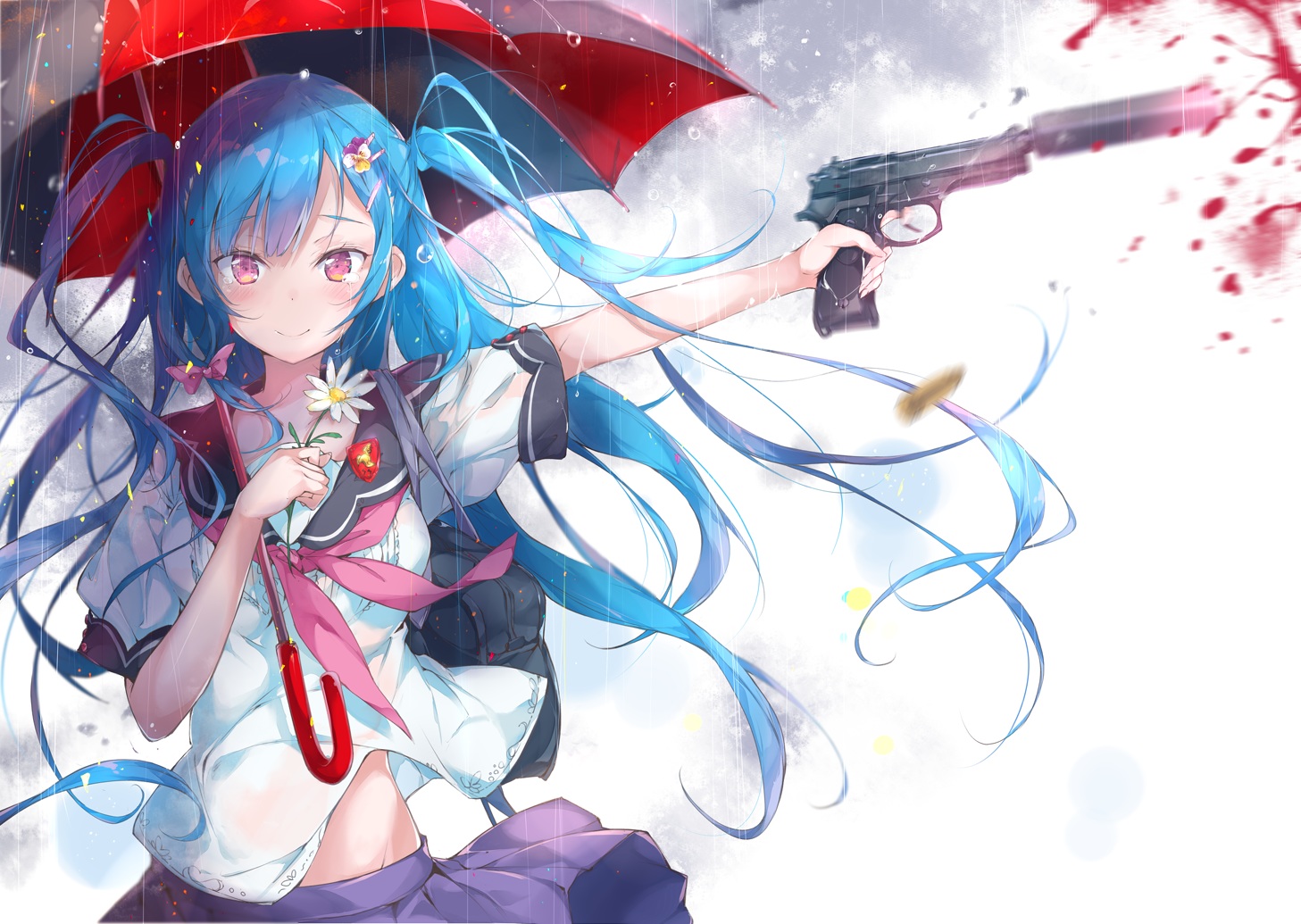 aqua_hair, blood, blush, bow, flowers, gun, long_hair, original, pink_eyes, pirobeelzebub, rain, school_uniform, skirt, tears, twintails, umbrella, water, weapon