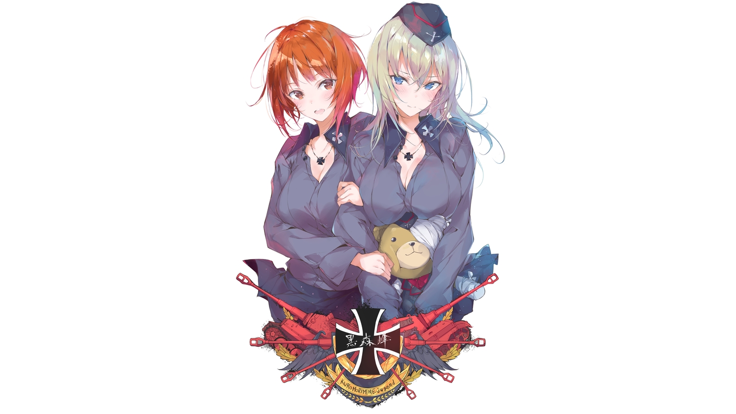 2girls, aqua_eyes, bandage, blush, breasts, cleavage, collar, combat_vehicle