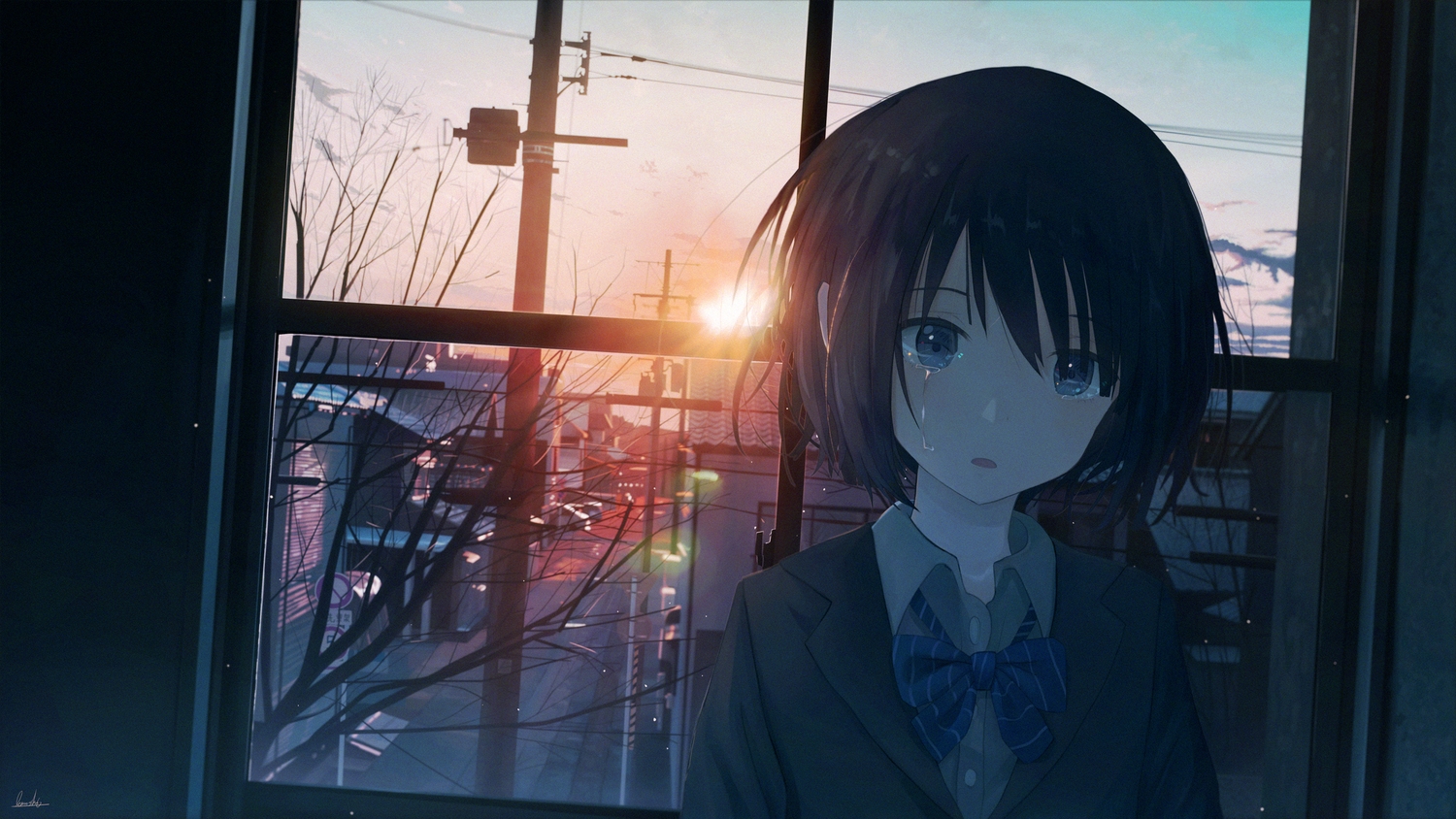 banishment, bow, building, close, crying, original, scenic, school_uniform