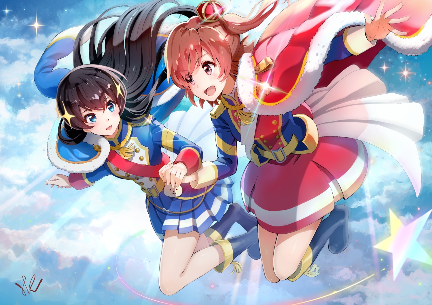 2girls, aijou_karen, aliasing, aqua_eyes, black_hair, boots, cape, clouds, hoshizaki_reita, kagura_hikari, long_hair, orange_hair, pink_eyes, shoujo_kageki_revue_starlight, signed, skirt, stars, uniform