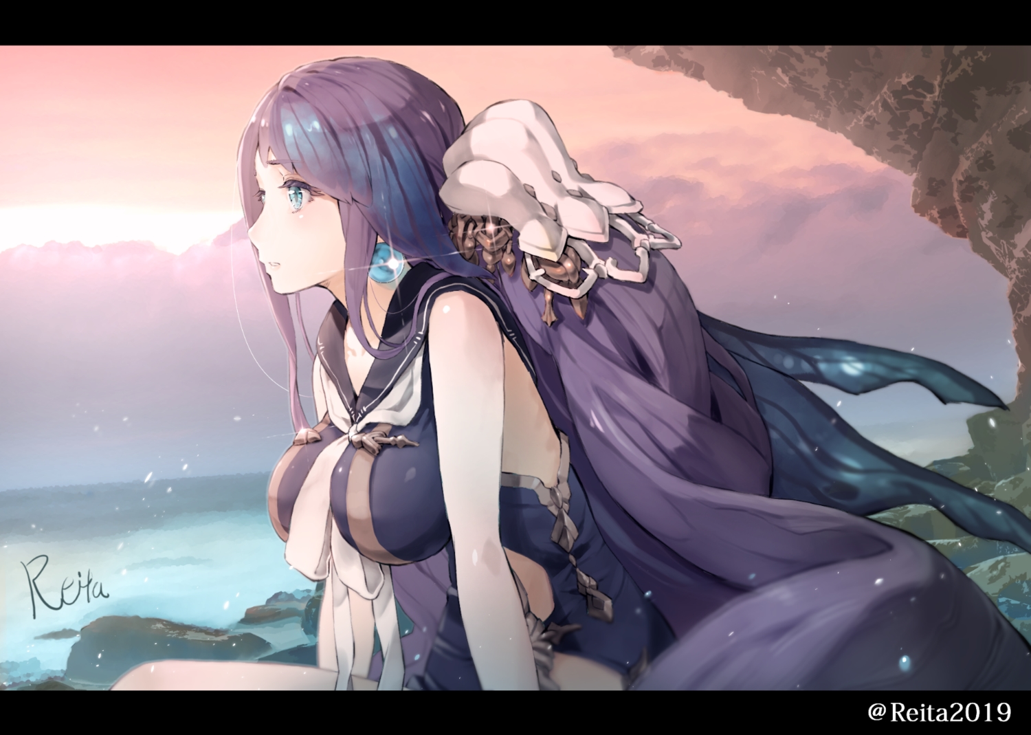 aqua_eyes, breasts, clouds, dress, hoshizaki_reita, little_mermaid_(sinoalice), long_hair, purple_hair, signed, sinoalice, sky, watermark