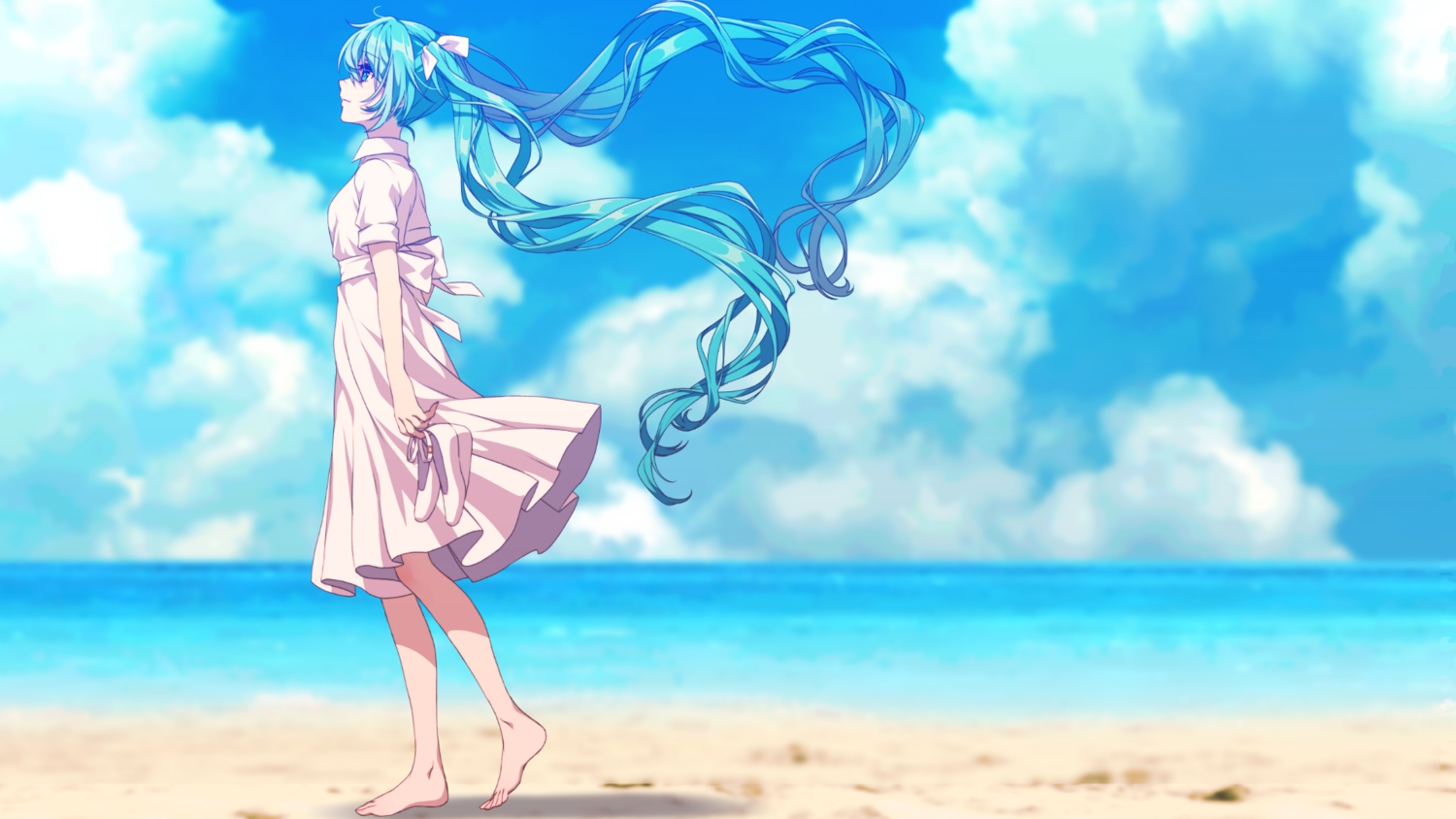 aqua_eyes, aqua_hair, barefoot, beach, clouds, dress, hatsune_miku, long_hair