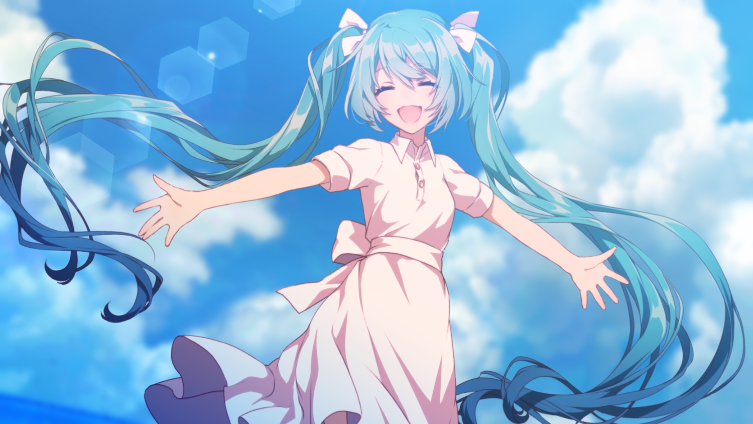 aqua_hair, clouds, dress, hatsune_miku, matsuda_toki, summer_dress, twintails, vocaloid