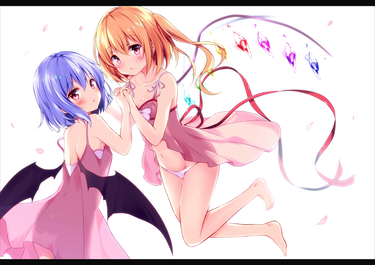 2girls, barefoot, blue_hair, blush, bow, flandre_scarlet, hyurasan, orange_hair, panties, red_eyes, remilia_scarlet, ribbons, short_hair, touhou, underwear, vampire, wings