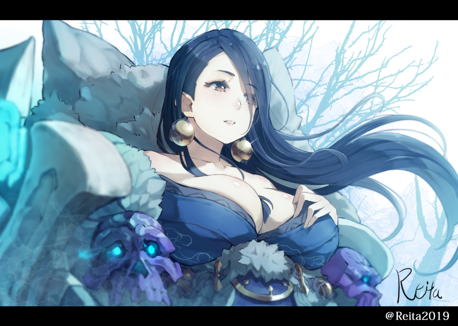 blue_hair, breast_hold, breasts, brown_eyes, cleavage, close, hoshizaki_reita, kaguya_hime_(sinoalice), long_hair, signed, sinoalice, watermark