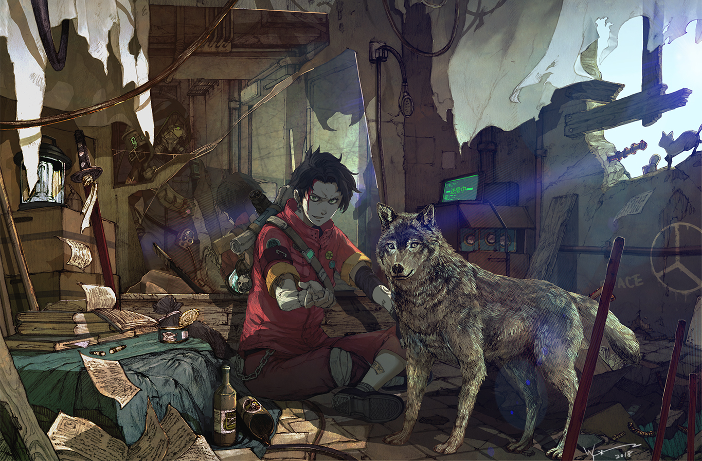 animal, blood, book, computer, katana, male, mirror, original
