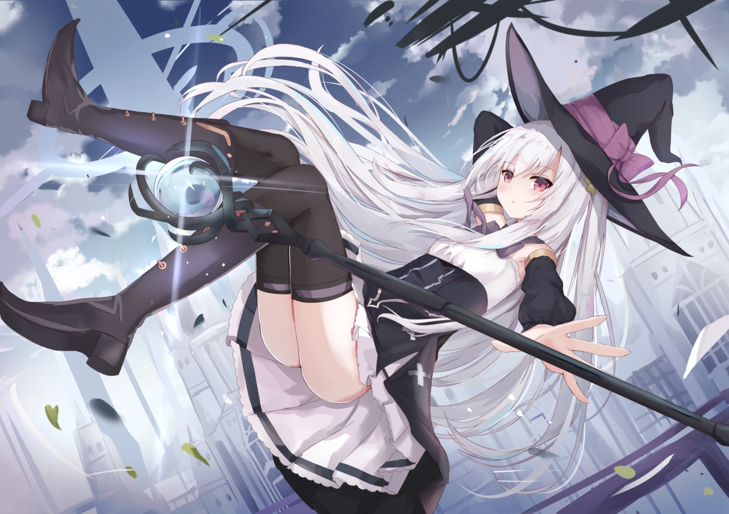 boots, building, city, hat, long_hair, original, red_eyes, ribbons