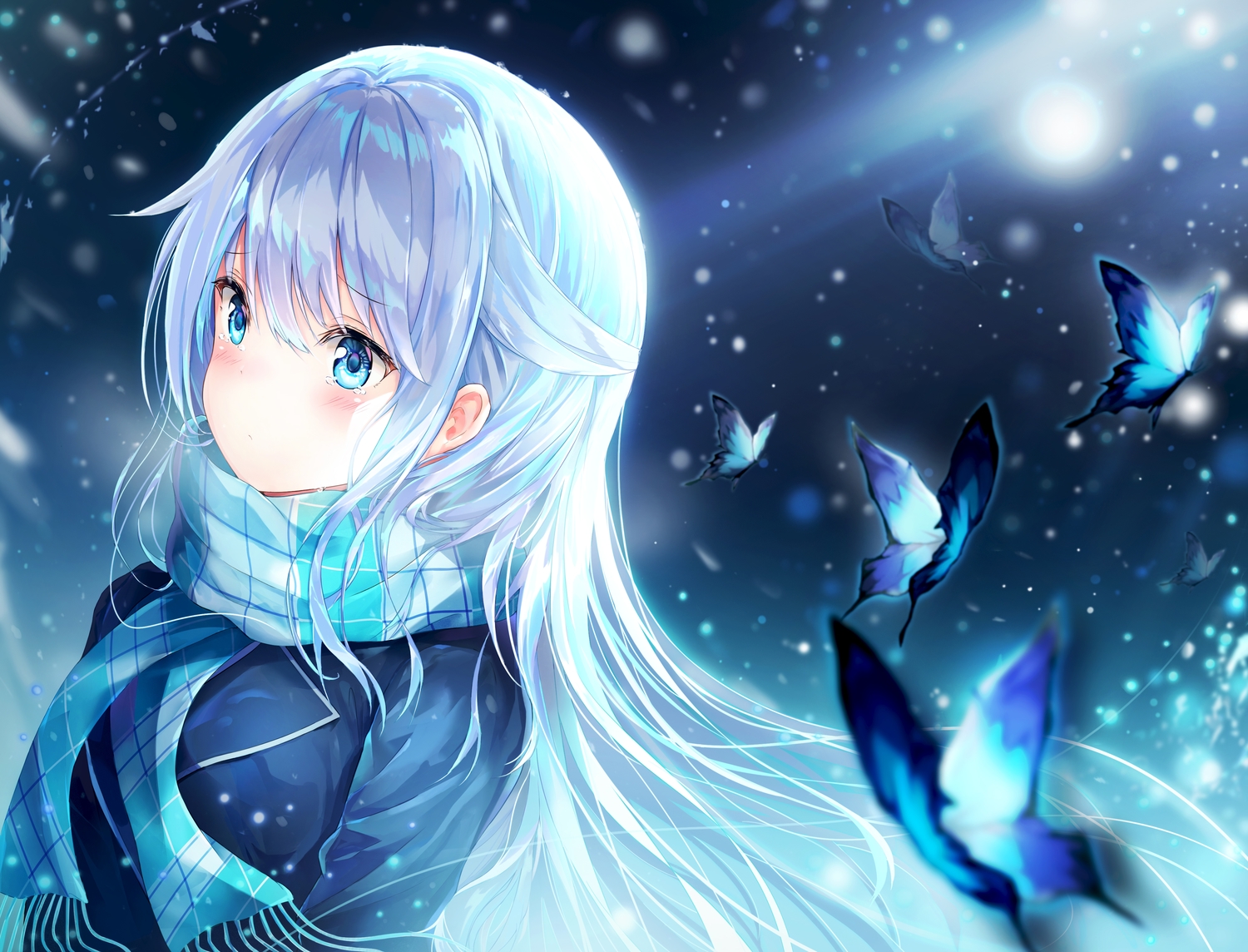 aqua_eyes, blush, butterfly, dana_(hapong07), long_hair, original, scarf, tears, white_hair