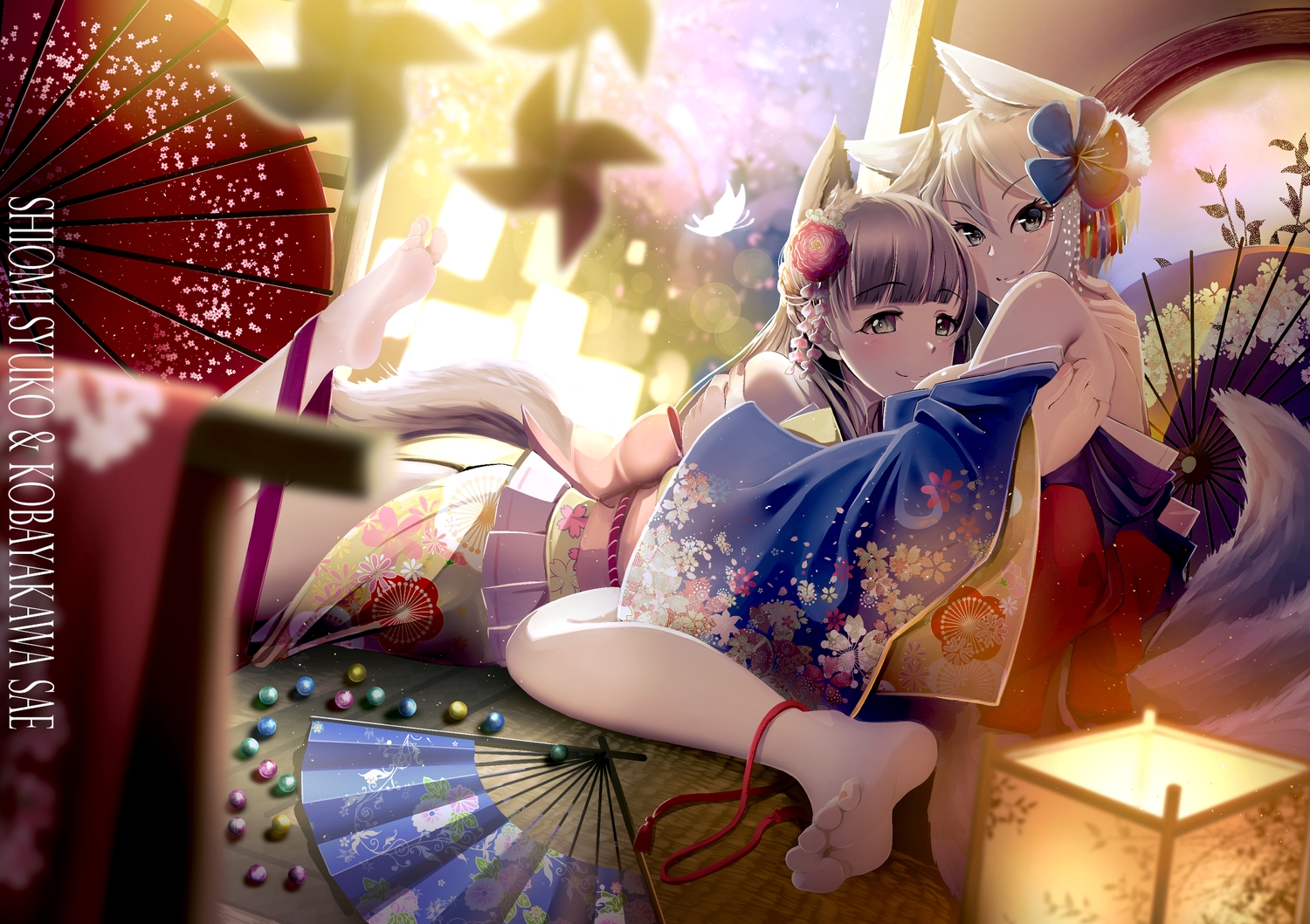 2girls, aliasing, animal_ears, barefoot, black_eyes, black_hair, butterfly, casino_(casinoep)