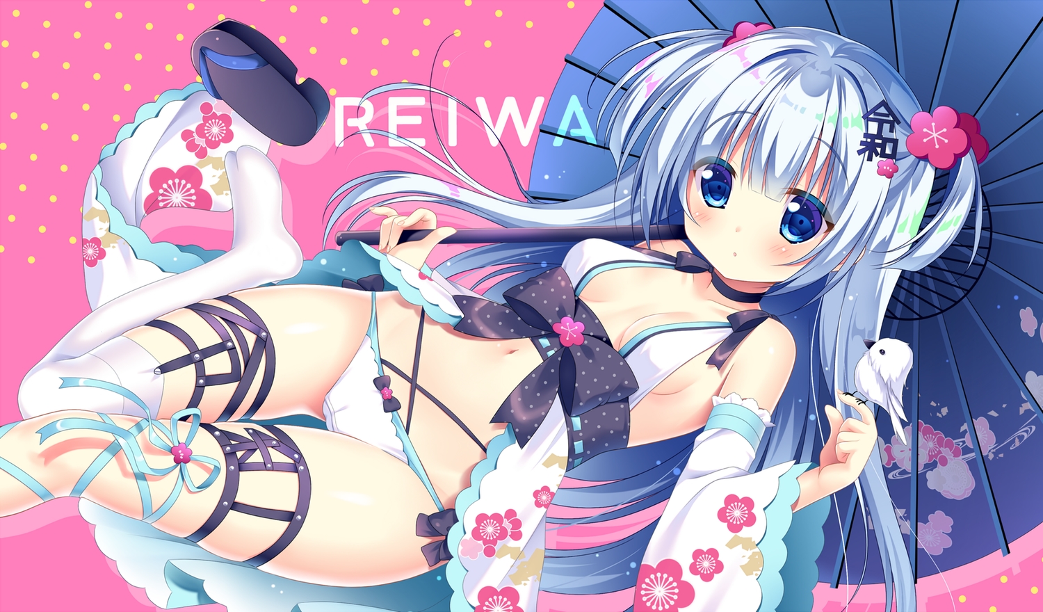 animal, anthropomorphism, aqua_eyes, bird, blue_hair, bow, breasts, cameltoe, choker, long_hair, navel, original, panties, thighhighs, umbrella, underwear, waifu2x, yuyumatsu