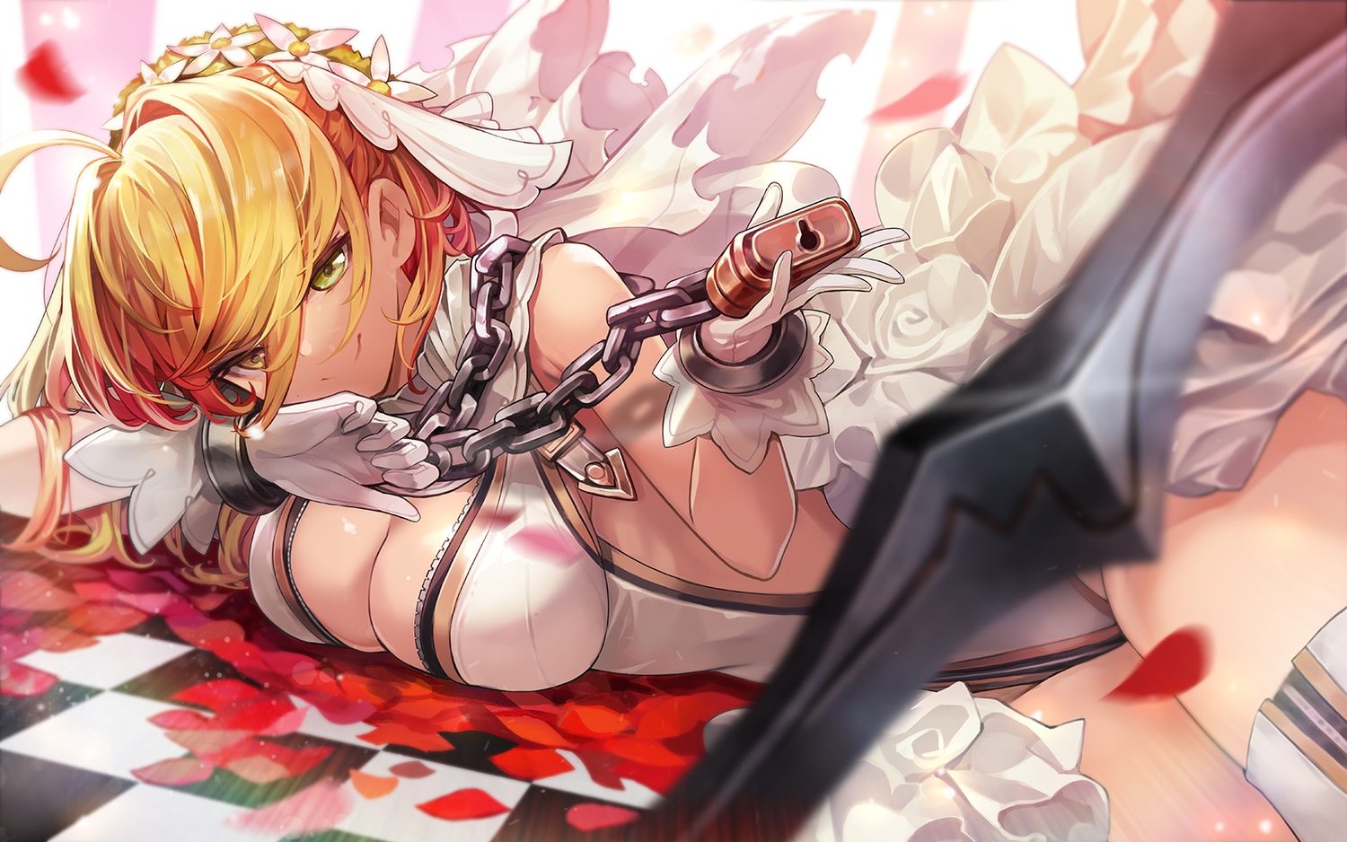 blonde_hair, breasts, chain, cleavage, fate/grand_order, fate_(series), gloves, goomrrat