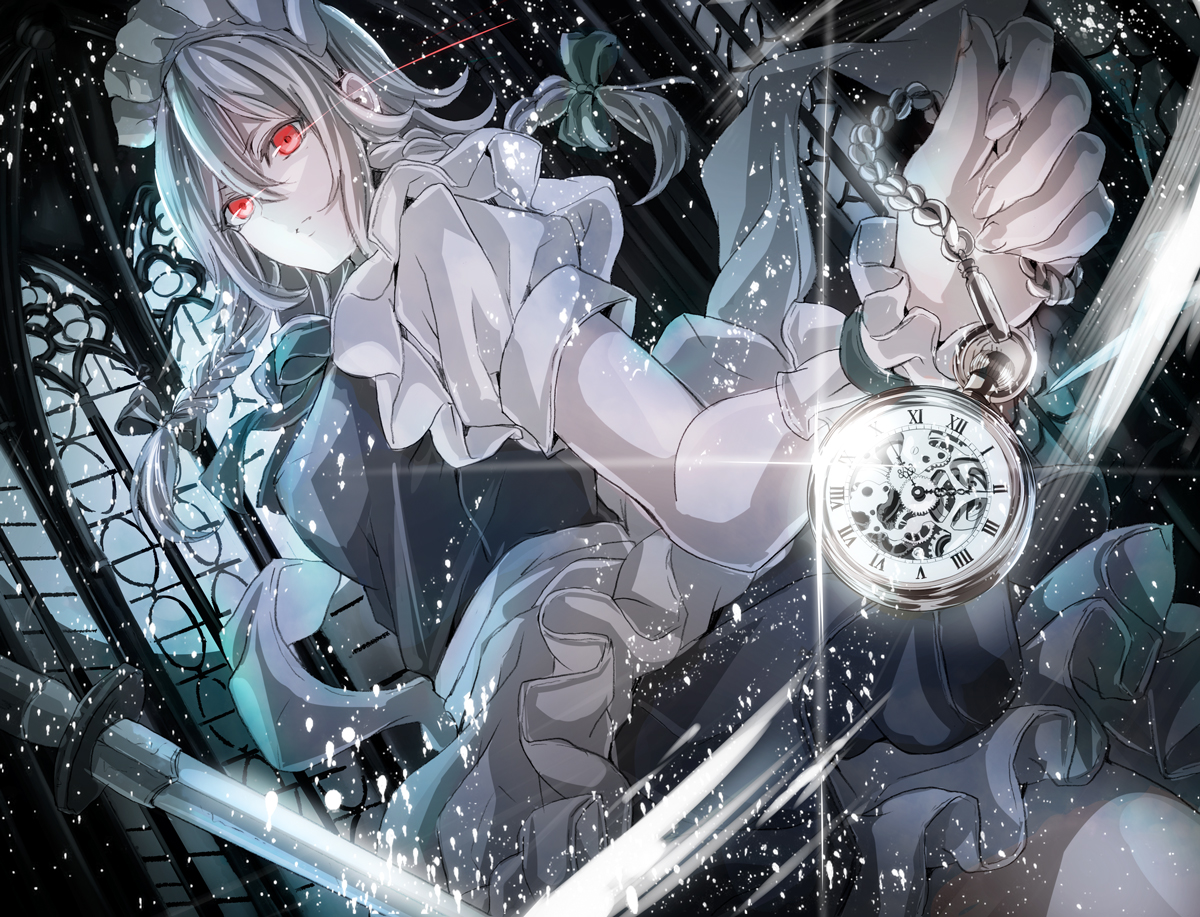 apron, bow, braids, chain, gray_hair, headdress, izayoi_sakuya, jan_(lightdragoon), knife, long_hair, maid, red_eyes, ribbons, touhou, weapon, wristwear