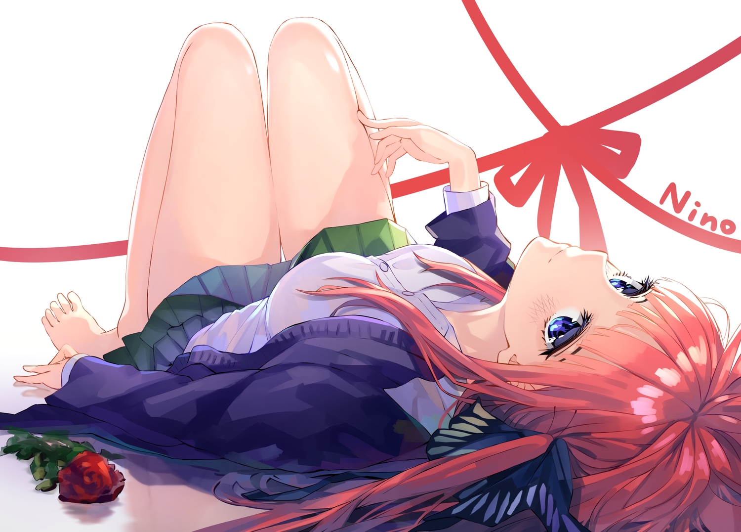 barefoot, blue_eyes, flowers, go-toubun_no_hanayome, long_hair, nakano_nino, red_hair, rose, school_uniform, skirt, to_gemichi