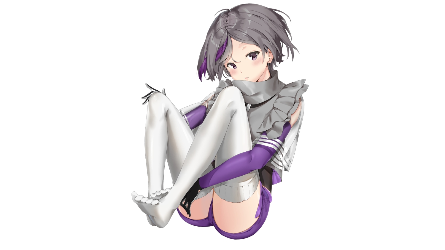 anthropomorphism, elbow_gloves, girls_frontline, gloves, gray_hair, pixel_(yuxian), purple_eyes, short_hair, stockings, thighhighs, thompson/center_contender_(girls_frontline), white