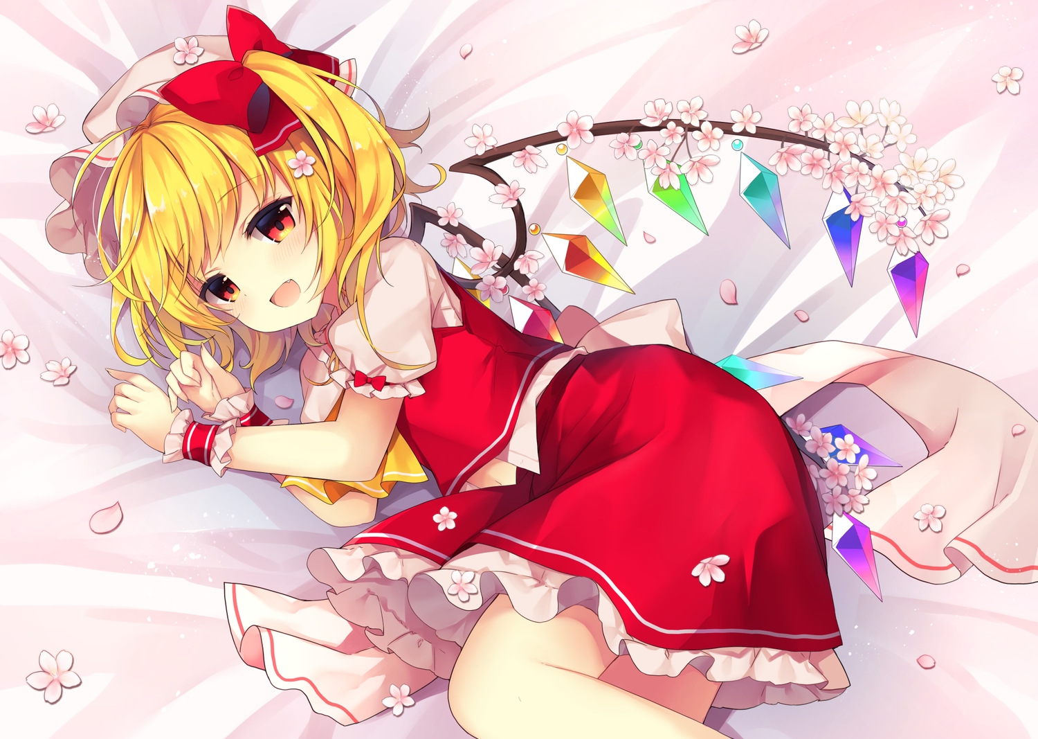 blonde_hair, blush, bow, cherry_blossoms, fang, flandre_scarlet, flowers, hat, petals, red_eyes, ruhika, short_hair, skirt, touhou, vampire, wings