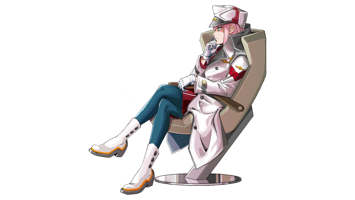albyee, boots, darling_in_the_franxx, gloves, green_eyes, long_hair, military, pink_hair, signed, third-party_edit, uniform, white, zero_two