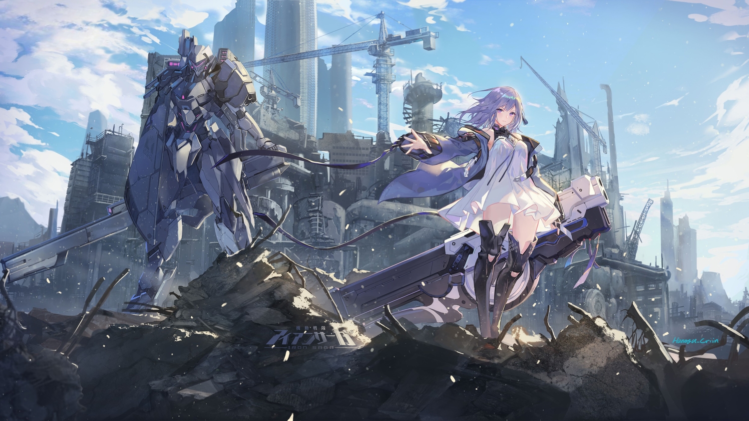 building, city, clouds, criin, dress, iron_saga, long_hair, mecha