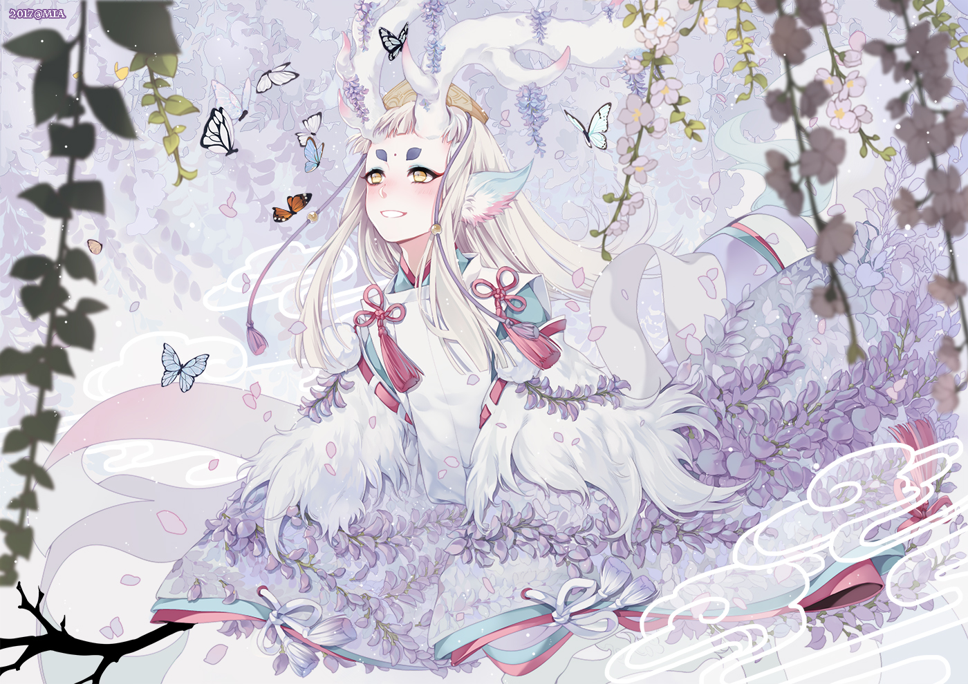 all_male, animal_ears, blush, butterfly, crown, feathers, flowers, horns, japanese_clothes, leaves, long_hair, male, mia0309, onmyouji, petals, shishio_(onmyouji), watermark, white_hair, yellow_eyes