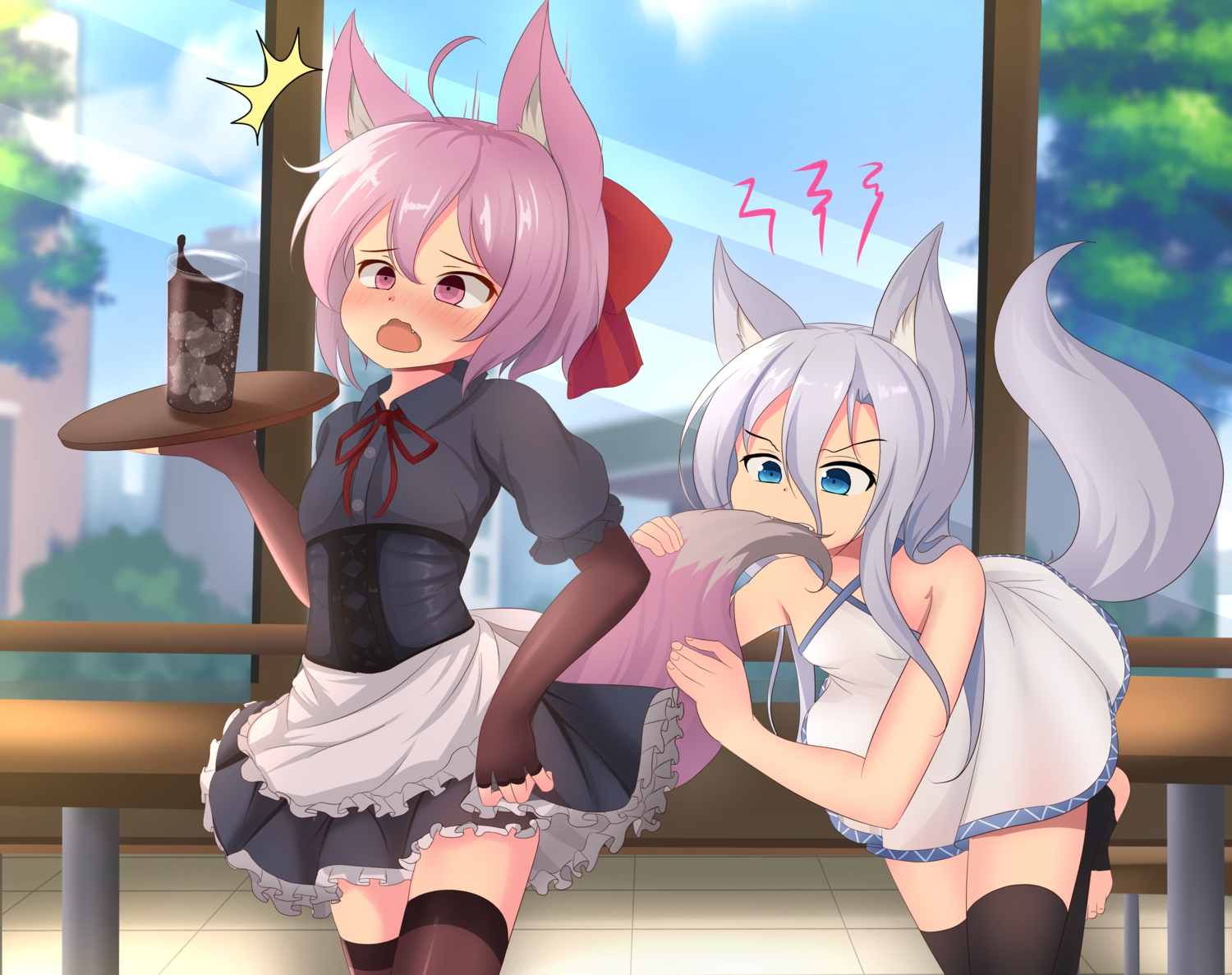 2girls, animal_ears, blush, dress, drink, elbow_gloves, fang, gloves
