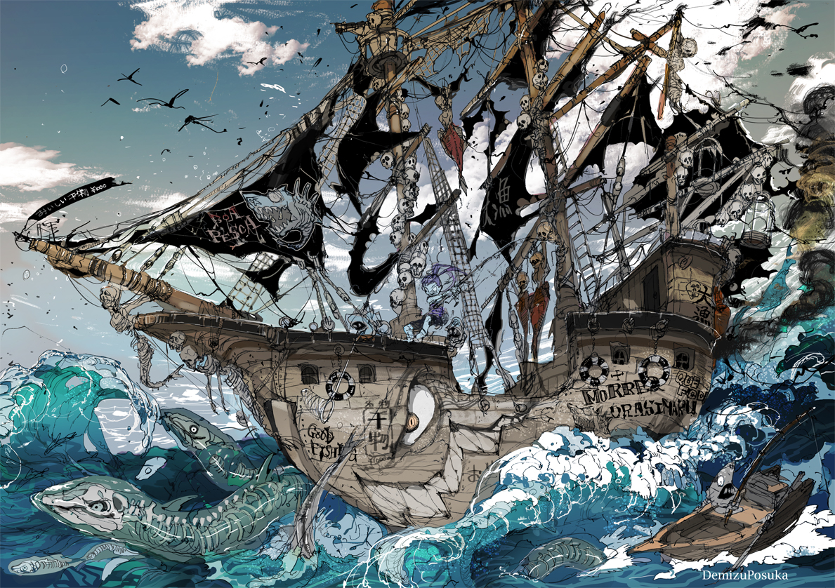 animal, blue_hair, boat, bones, clouds, demizu_posuka, fish, long_hair, original, ponytail, skull, sky, swim_ring, water, watermark
