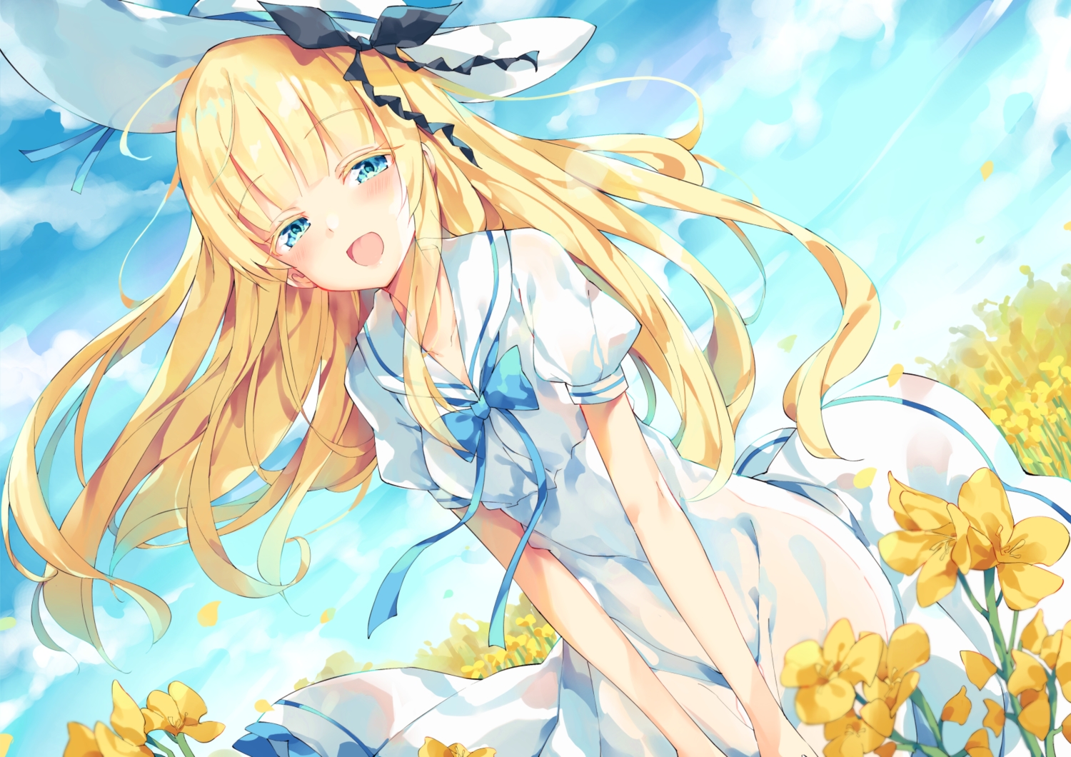 aqua_eyes, blonde_hair, blush, bow, clouds, dress, flowers, hat, juliet_persia, kishuku_gakkou_no_juliet, long_hair, school_uniform, sky, summer_dress, unacchi_(nyusankin)
