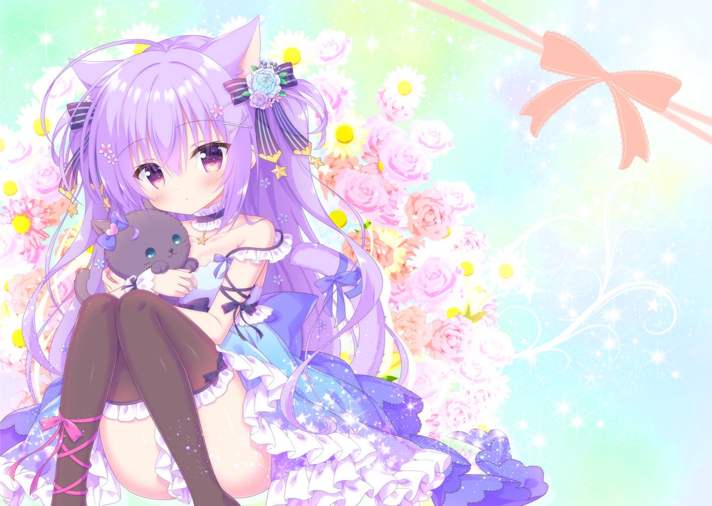 animal, animal_ears, bow, cat, catgirl, choker, dress, flowers, kamishiro_piyo, lolita_fashion, long_hair, original, purple_eyes, purple_hair, rose, tail, thighhighs