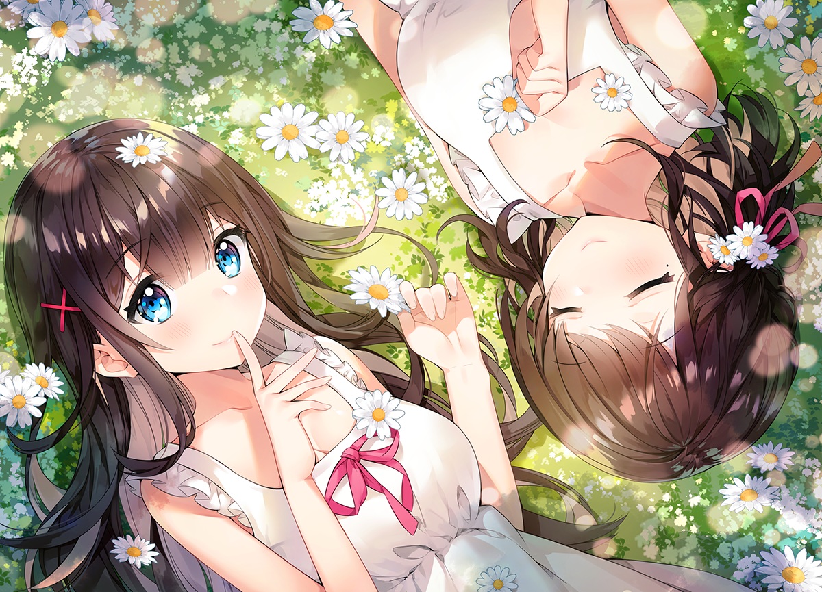 2girls, aqua_eyes, ayamy, bow, brown_hair, dress, flowers, grass, green, kiohana_miro, long_hair, miyawaki_sana, original, ribbons, sleeping, summer_dress