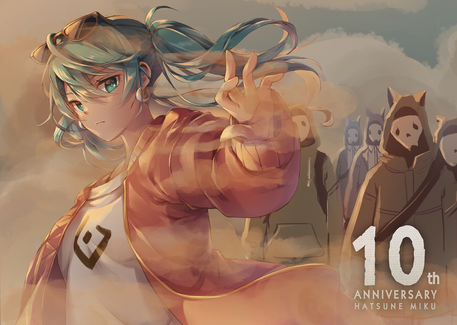 close, green_eyes, green_hair, group, hatsune_miku, hood, ika_(4801055), long_hair