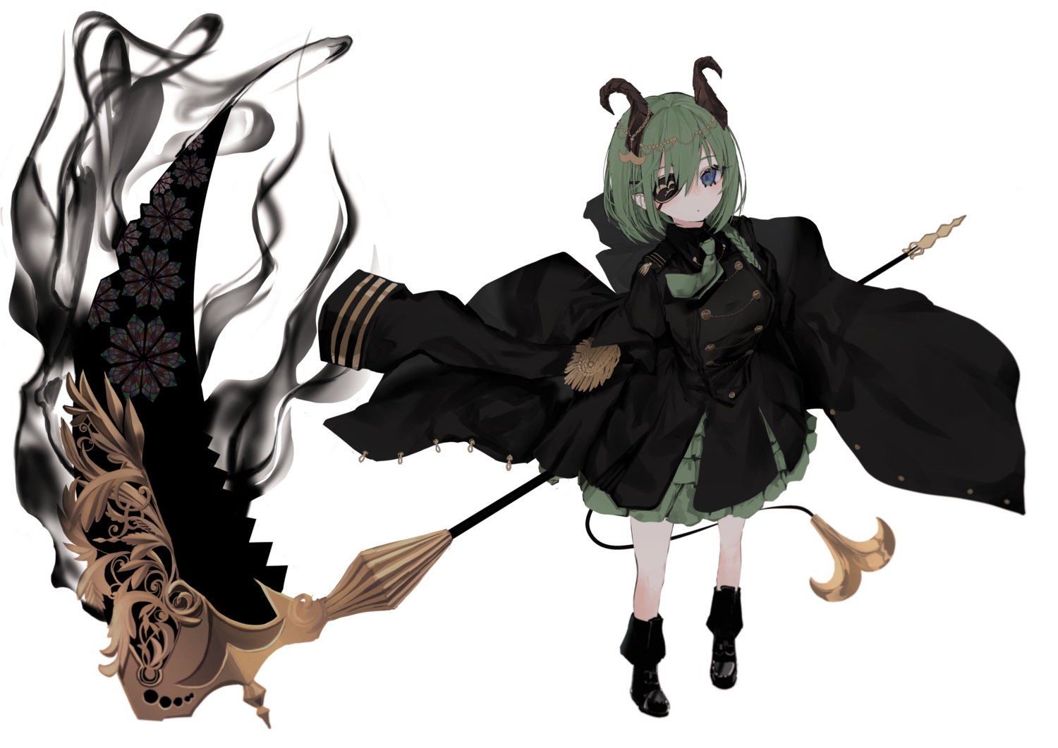 774_inc., blue_eyes, boots, demon, eyepatch, green_hair, honey_strap, horns