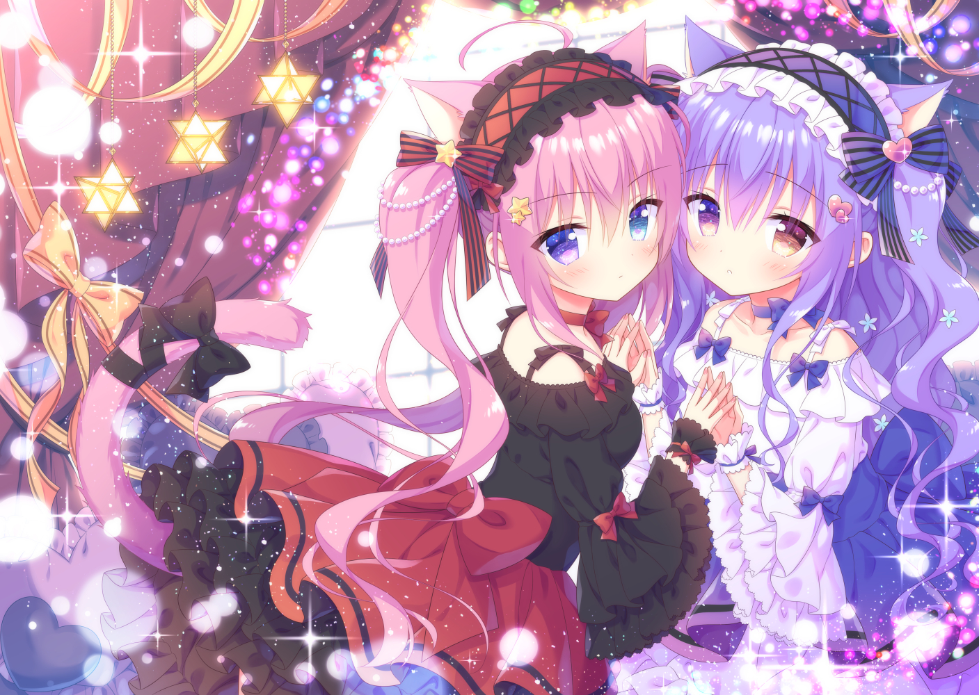 2girls, animal_ears, bicolored_eyes, bow, catgirl, dress, headdress, kamishiro_piyo, lolita_fashion, long_hair, original, pink_hair, purple_hair, tail