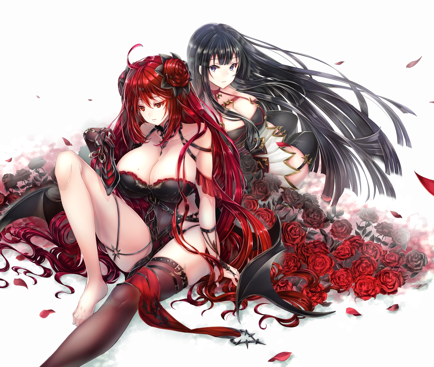 2girls, barefoot, black_eyes, black_hair, bodysuit, breasts, cleavage, demon