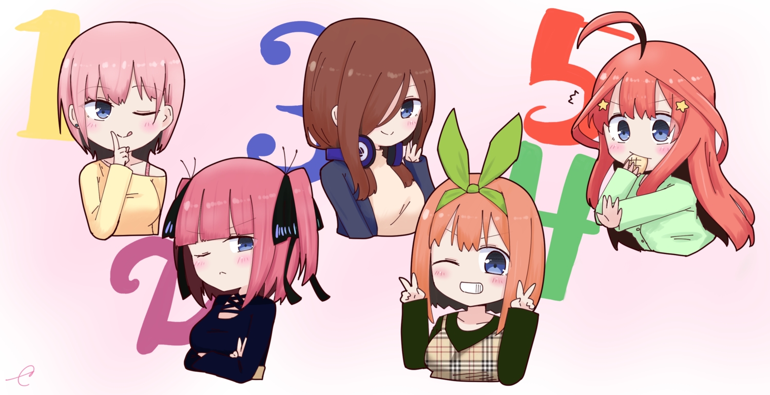 blue_eyes, blush, brown_hair, chibi, food, go-toubun_no_hanayome, headband, headphones, kujou_karasuma, long_hair, nakano_ichika, nakano_itsuki, nakano_miku, nakano_nino, nakano_yotsuba, pink_hair, red_hair, short_hair, signed, twintails, wink