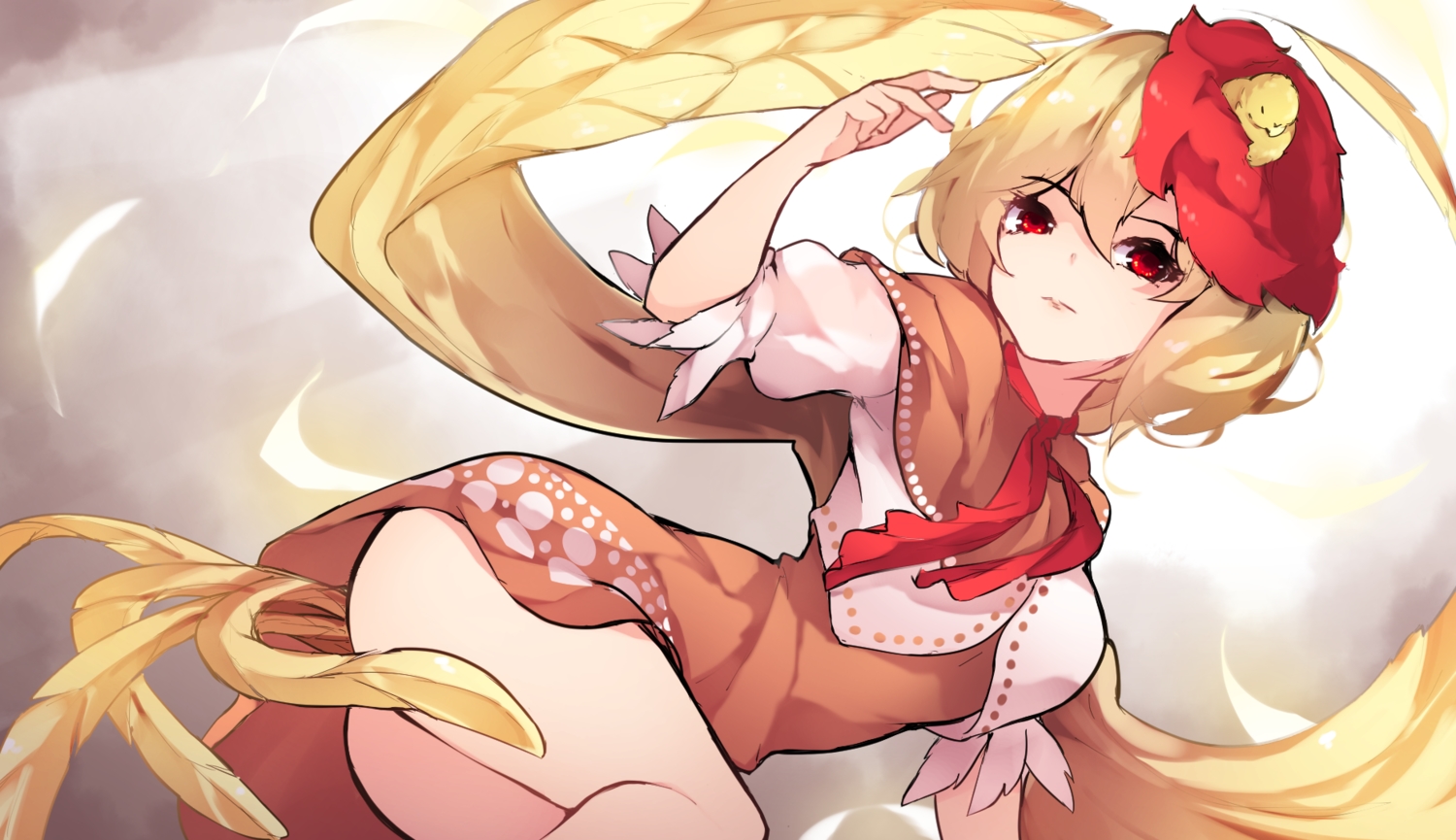 animal, ass, bird, blonde_hair, cape, chiroru_(cheese-roll), dress, feathers, gradient, niwatari_kutaka, red_eyes, short_hair, touhou, wings