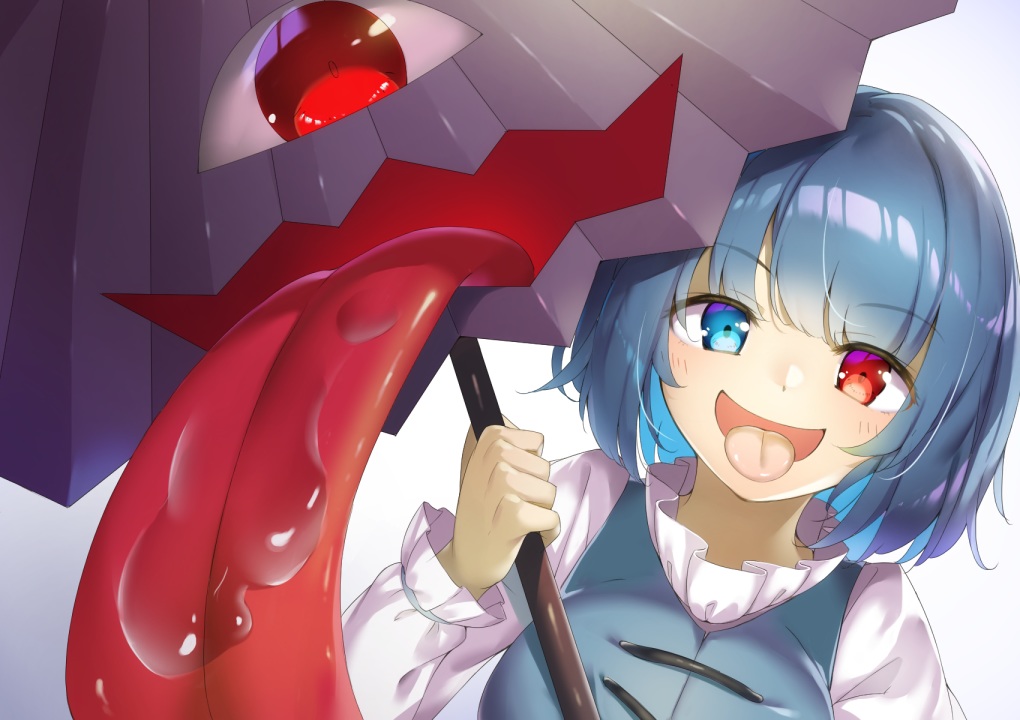bicolored_eyes, blue_hair, close, piyodesu, short_hair, tatara_kogasa, touhou, umbrella