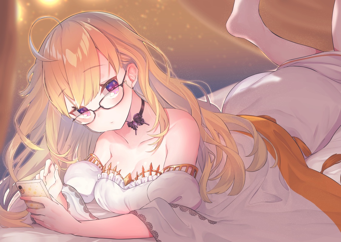 barefoot, bed, blonde_hair, breasts, choker, cleavage, dress, glasses, long_hair, nijisanji, phone, purple_eyes, suzuho_hotaru, takamiya_rion