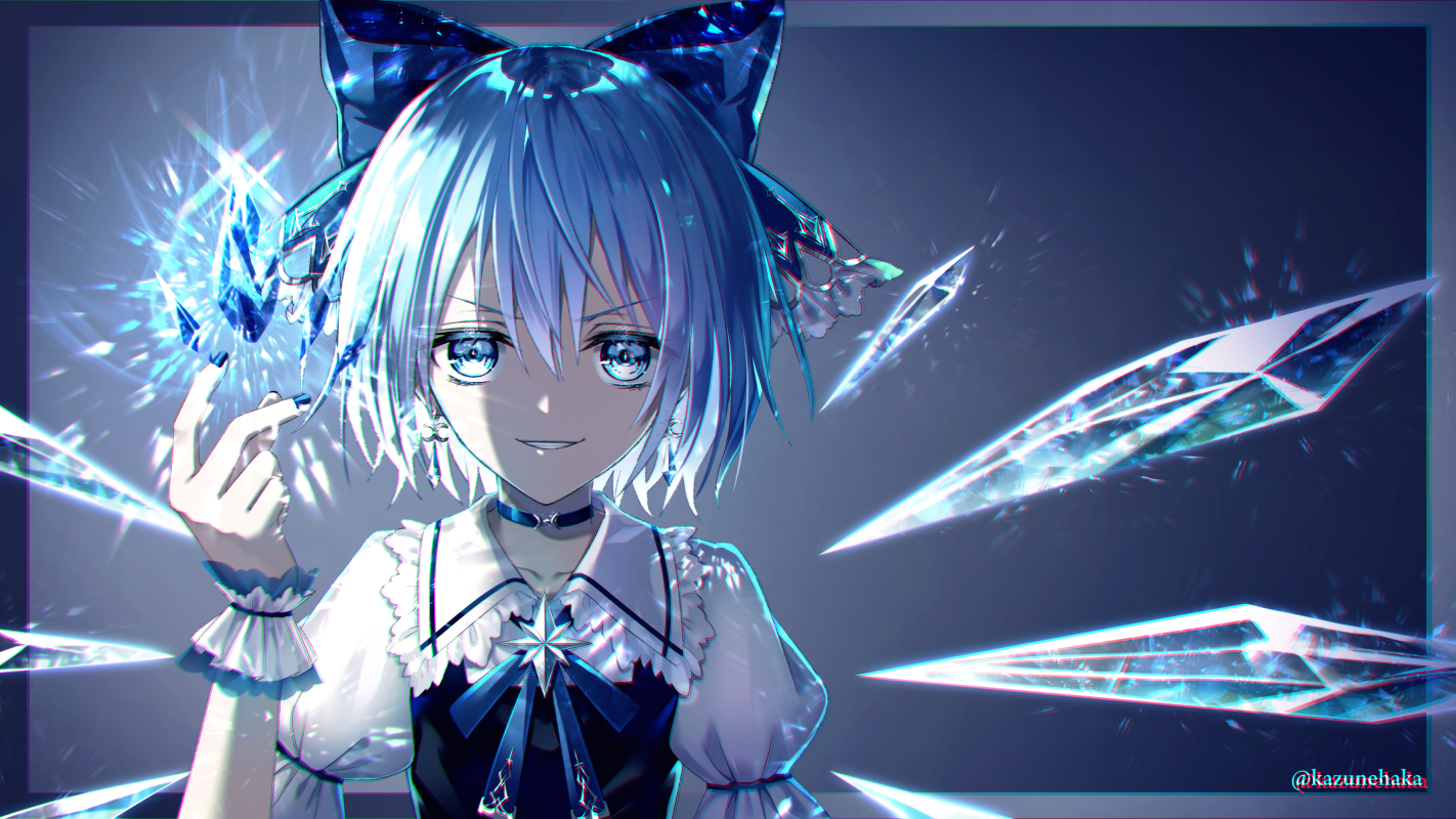 aqua_eyes, aqua_hair, bow, choker, cirno, close, fairy, kazunehaka, magic, short_hair, touhou, watermark, wings, wristwear