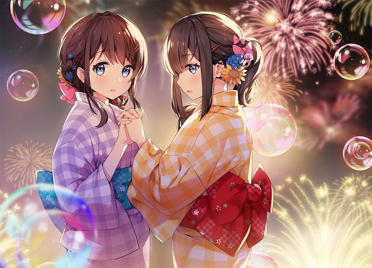 2girls, aqua_eyes, ayamy, bow, braids, brown_hair, bubbles, fireworks, japanese_clothes, kiohana_miro, miyawaki_sana, original, ponytail, short_hair, shoujo_ai, yukata