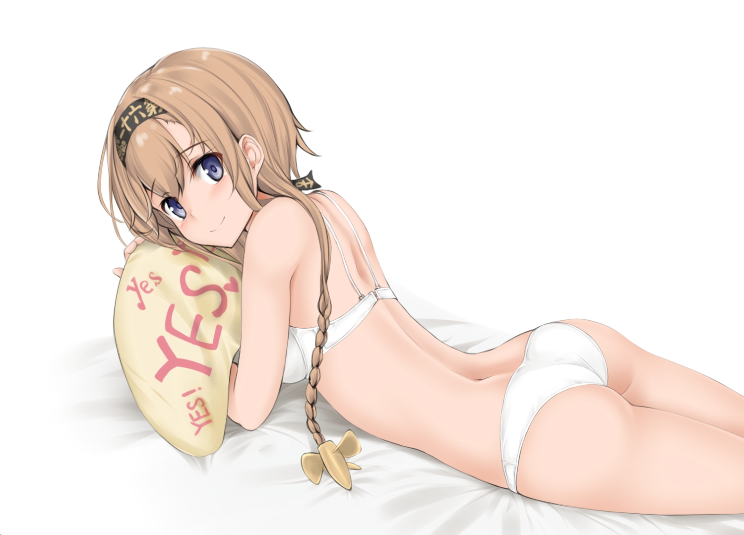 anthropomorphism, ass, bed, blue_eyes, bra, braids, brown_hair, headband, kantai_collection, long_hair, nn_tasu, panties, teruzuki_(kancolle), underwear, waifu2x, white