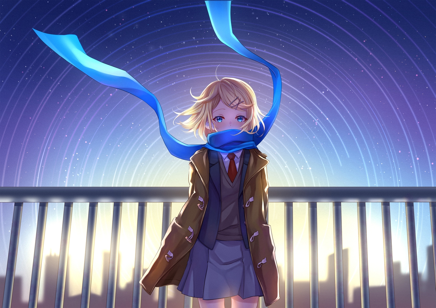 aqua_eyes, blonde_hair, building, city, earmuffs, kagamine_rin, mikmix, scarf, school_uniform, short_hair, silhouette, skirt, sky, stars, tie, vocaloid