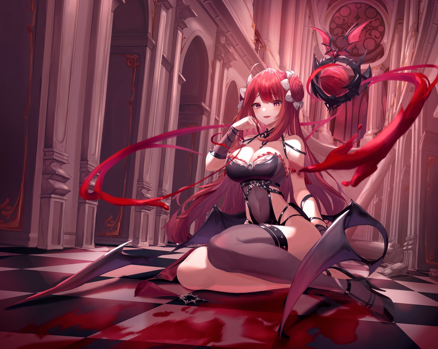 blood, breasts, cleavage, demon, erze_(king's_raid), fang, king's_raid, long_hair, munseonghwa, navel, pink_eyes, red_hair, see_through, succubus, thighhighs, wings, wristwear