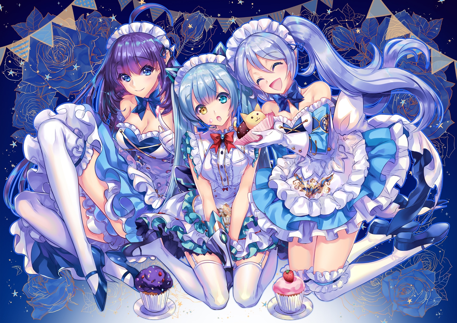 bicolored_eyes, blue, blue_eyes, blue_hair, bow, cu-rim, dress, garter