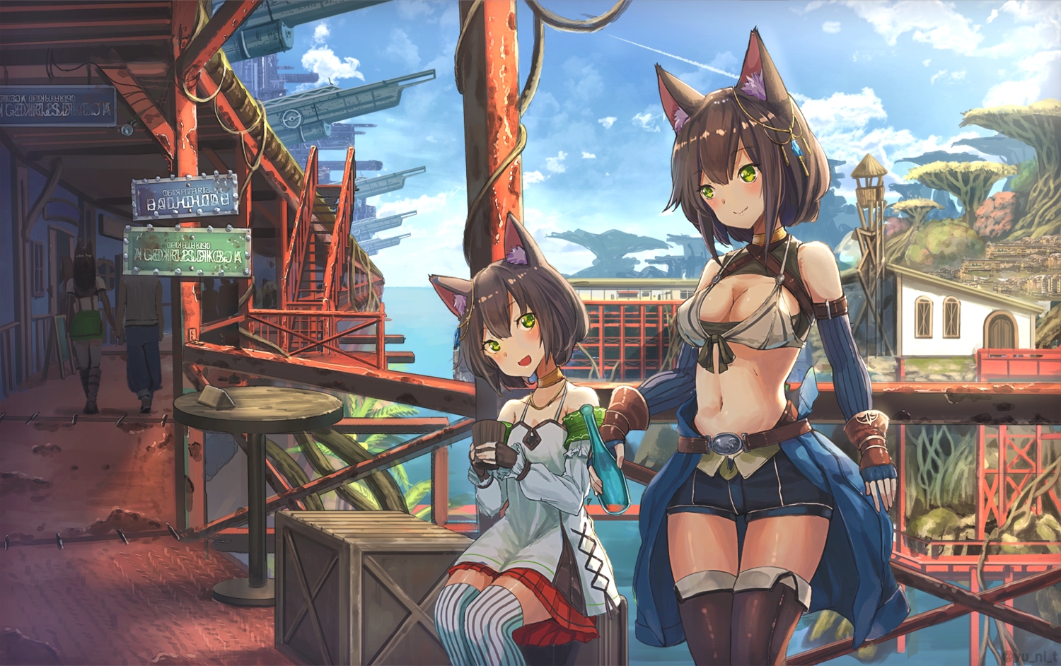 animal_ears, bikini_top, boots, breasts, brown_hair, building, city, cleavage, clouds, dress, elbow_gloves, gloves, green_eyes, navel, original, scenic, short_hair, shorts, sky, thighhighs, yu_ni_t, zettai_ryouiki